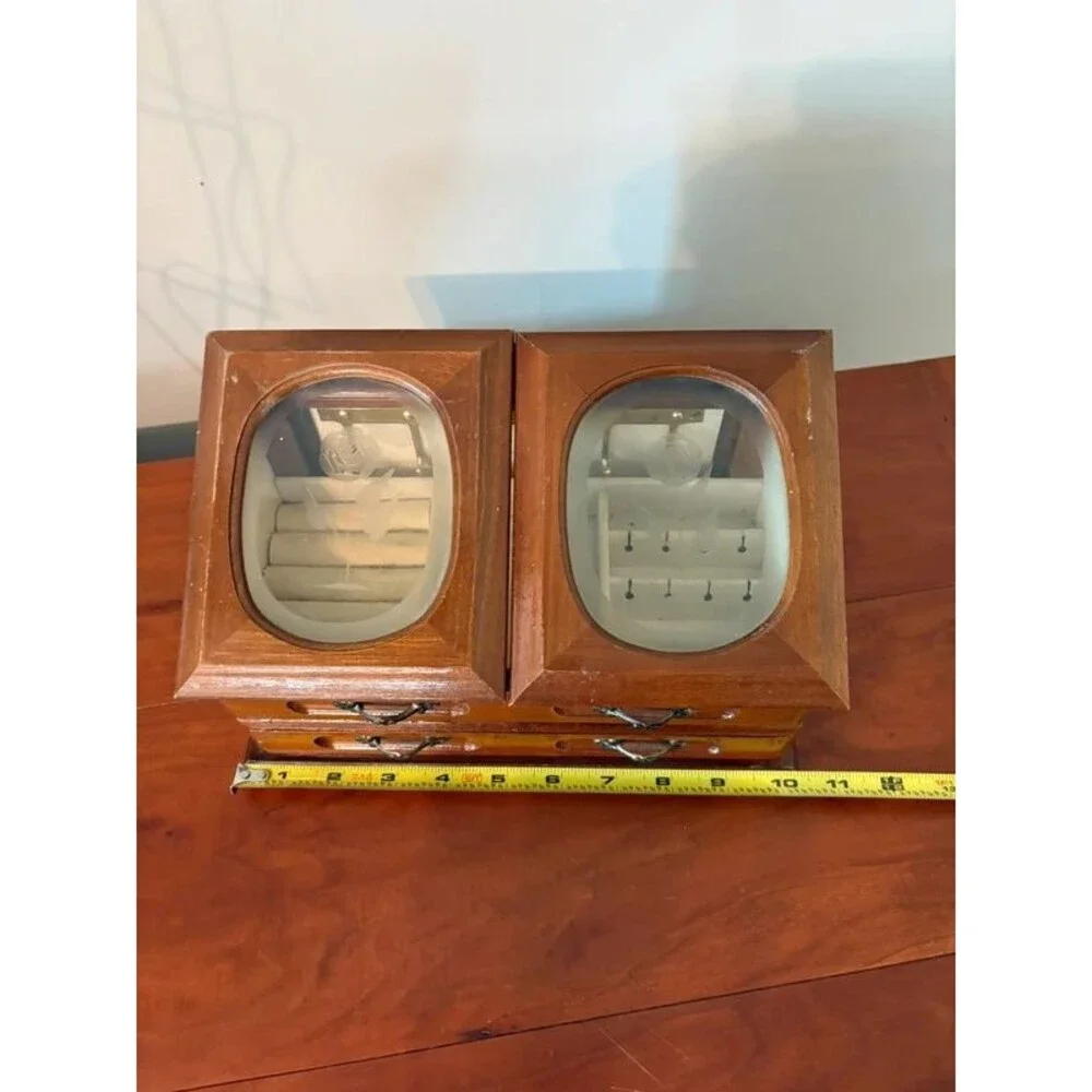 Vintage Wood Jewelry Box Double Etched Glass Rose Lids